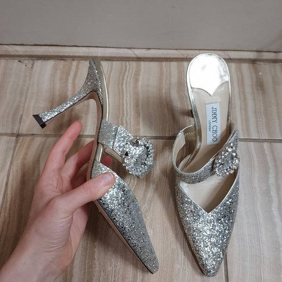 Jimmy Choo Shoes - Jimmy Choo Silver Sparkle Glitter Wedding Crystal Buckle Marta Heel Mules